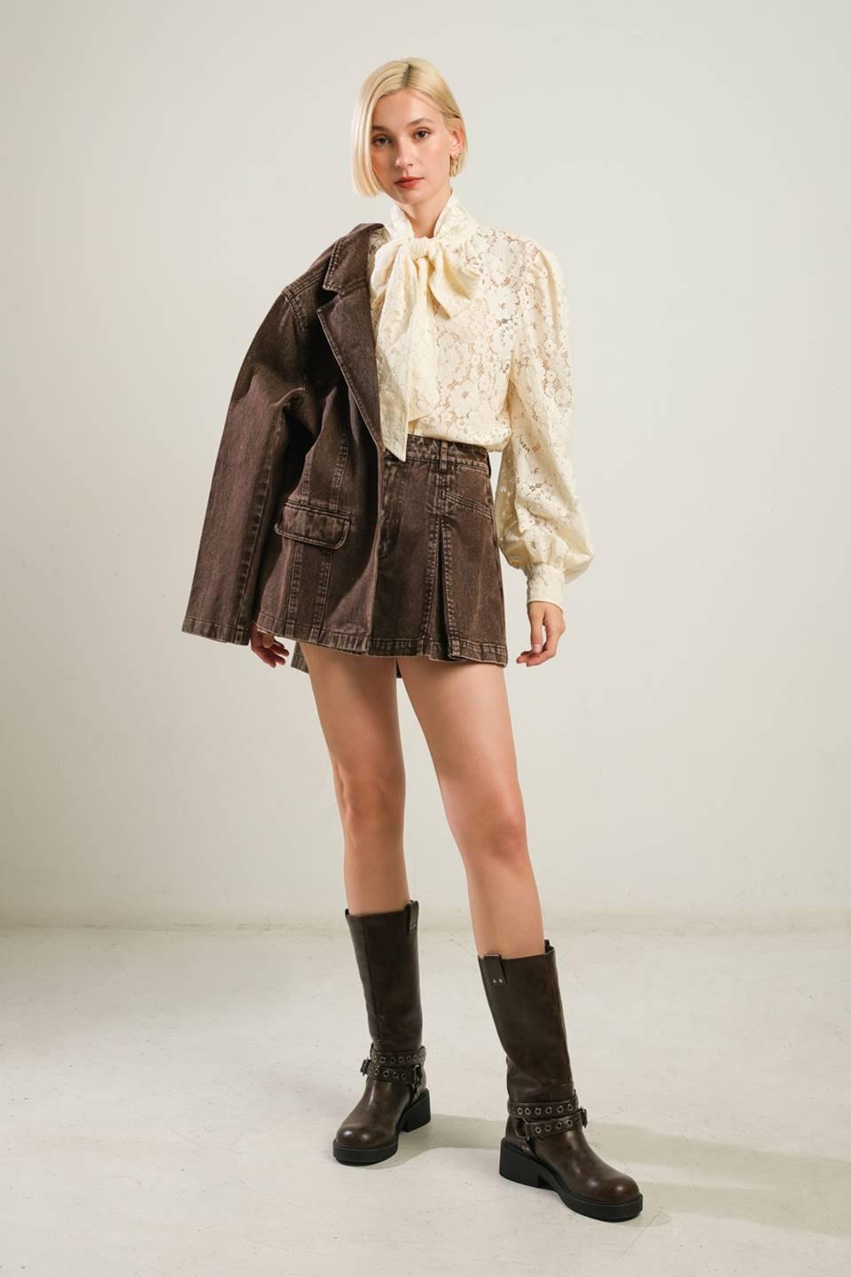 Daring Confidence Denim Blazer in brown, view 8 — Soul Flow Apparel