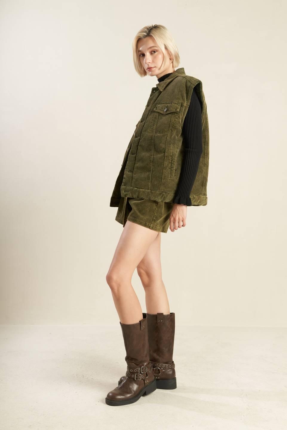 Escaping Reality Corduroy Vest in olive, view 2 — Soul Flow Apparel