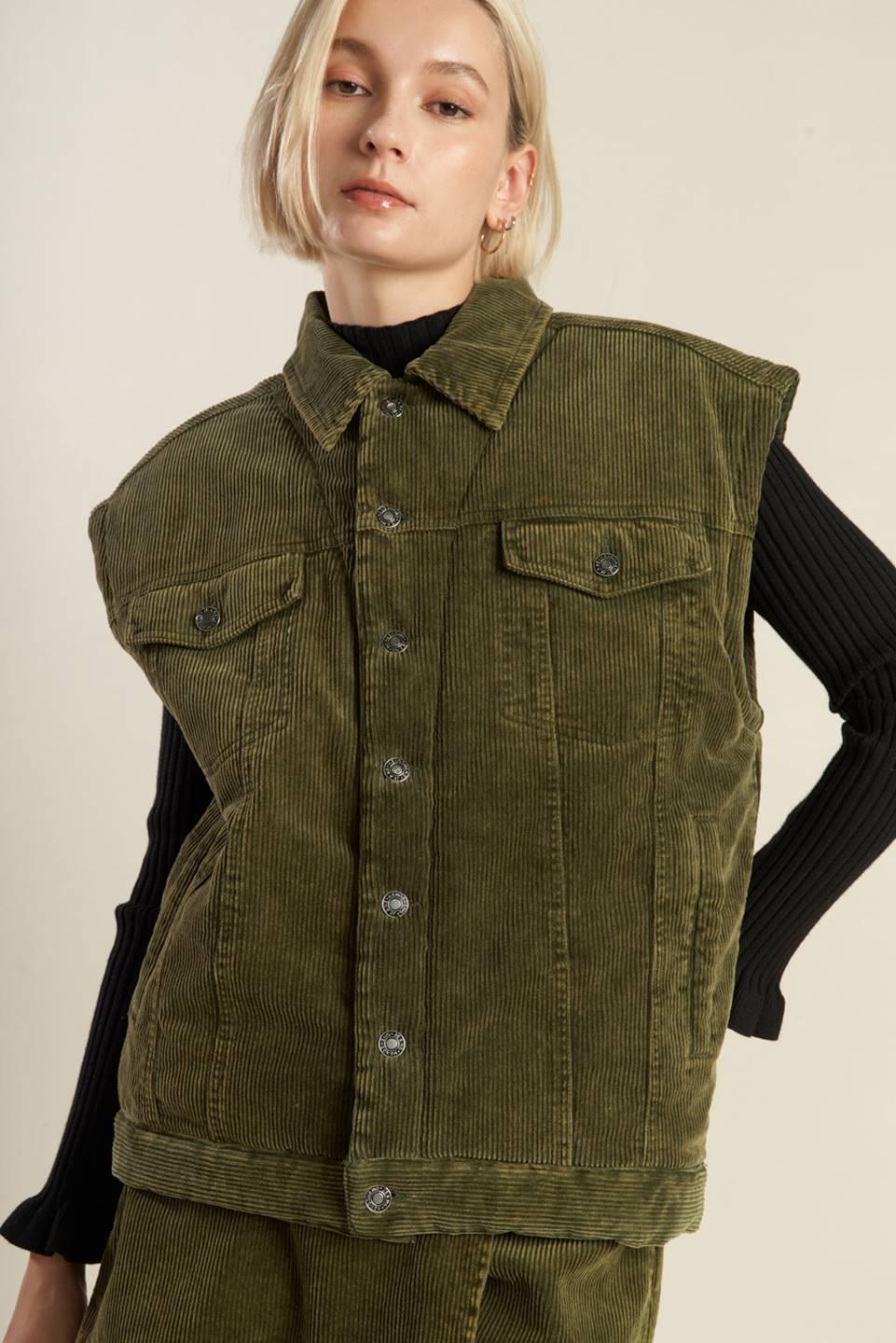 Escaping Reality Corduroy Vest in olive, view 3 — Soul Flow Apparel