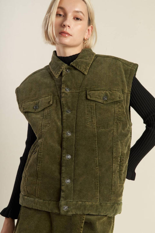 Escaping Reality Corduroy Vest in olive, view 3 — Soul Flow Apparel