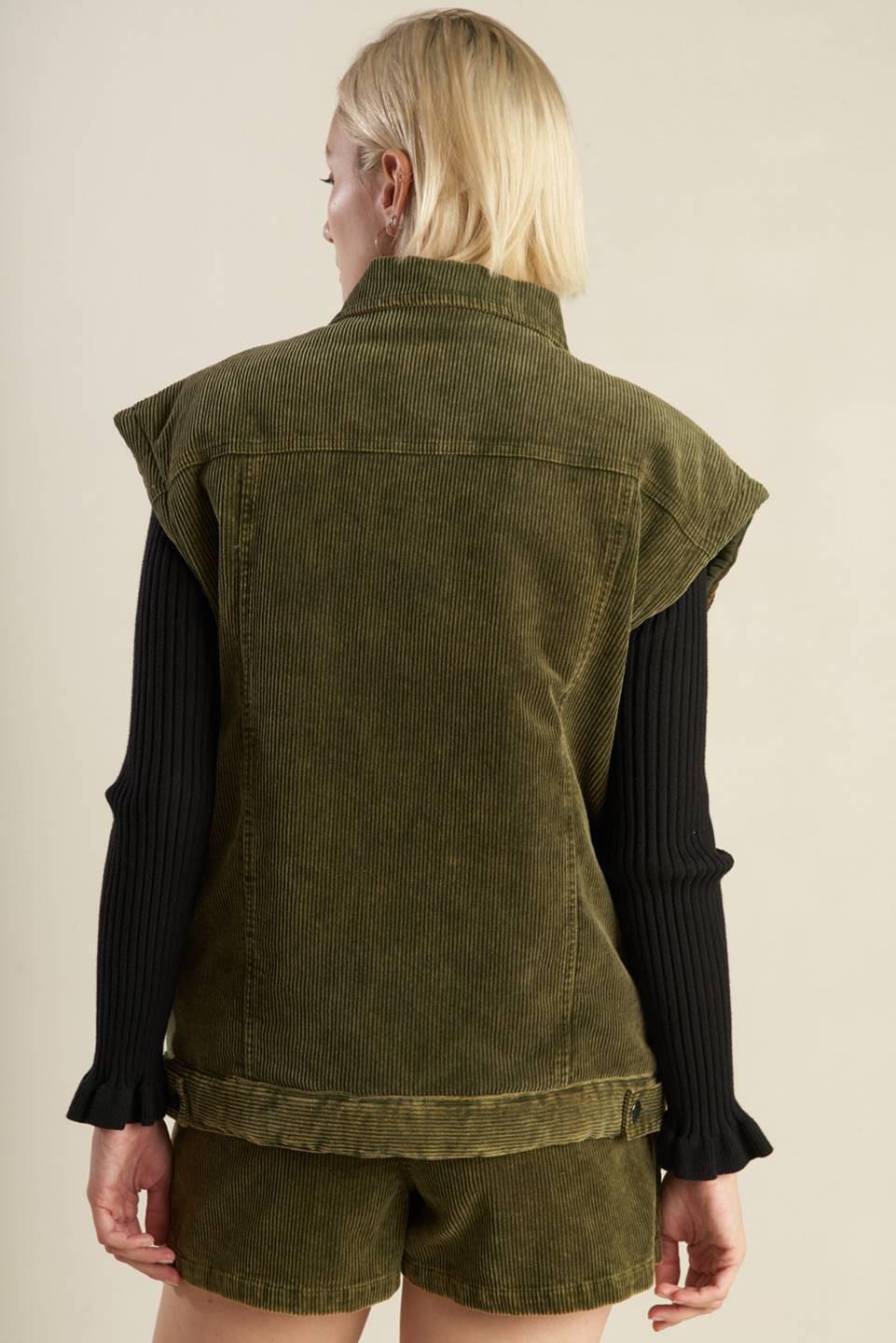 Escaping Reality Corduroy Vest in olive, view 4 — Soul Flow Apparel
