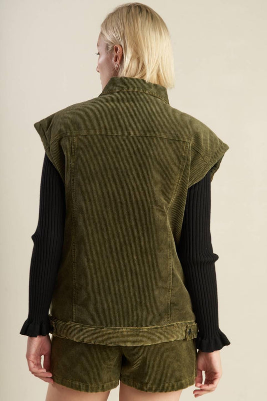 Escaping Reality Corduroy Vest in olive, view 4 — Soul Flow Apparel