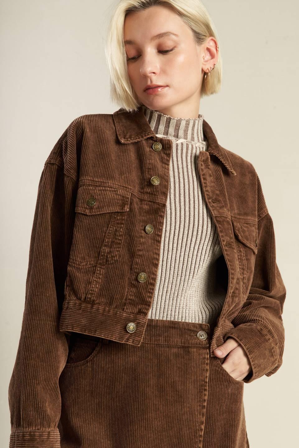 Escaping Reality Corduroy Jacket in brown, view 2 — Soul Flow Apparel
