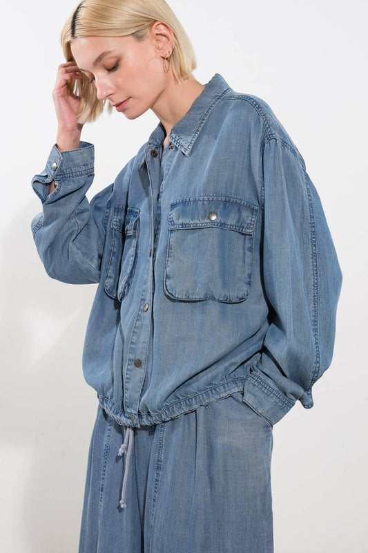 Active Vibe Tencel Denim Jacket in blue, view 4 — Soul Flow Apparel
