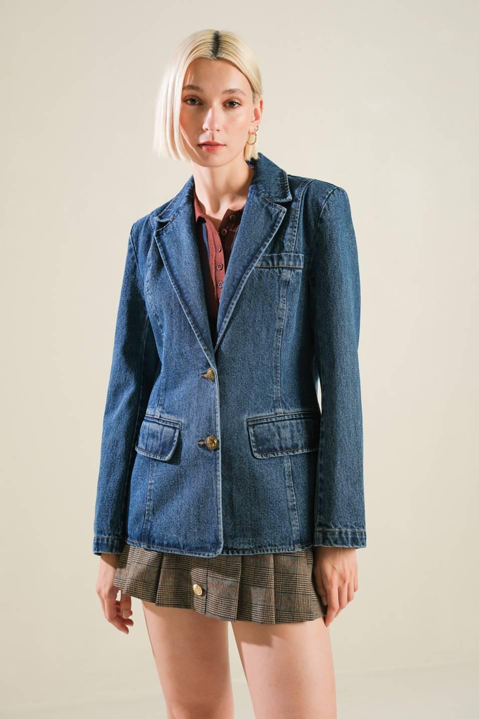 Hot to Go Denim Blazer in blue, view 1 — Soul Flow Apparel