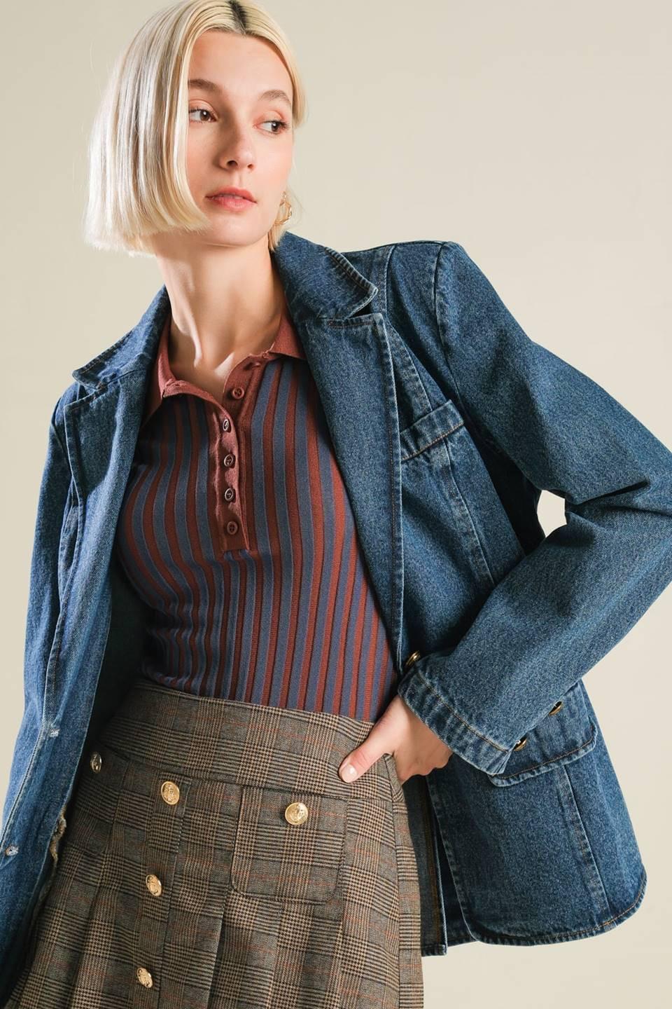Hot to Go Denim Blazer in blue, view 7 — Soul Flow Apparel