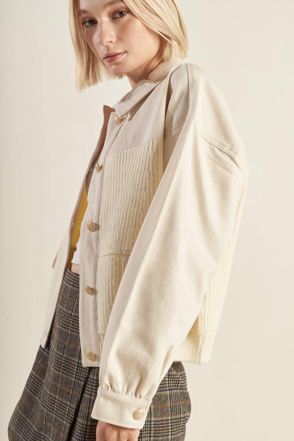Go-Getter Girl Sweater Twill Jacket in cream, view 3 — Soul Flow Apparel