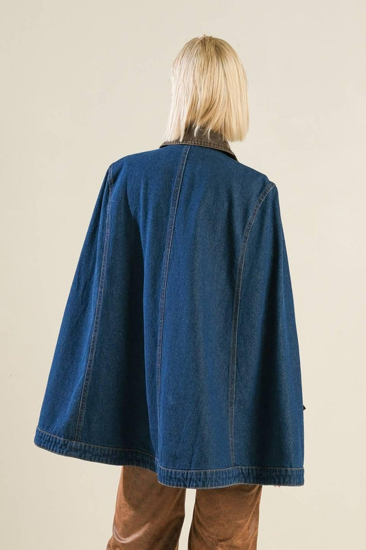 If Thou Must Love Me Denim Cape Jacket in blue, view 2 — Soul Flow Apparel
