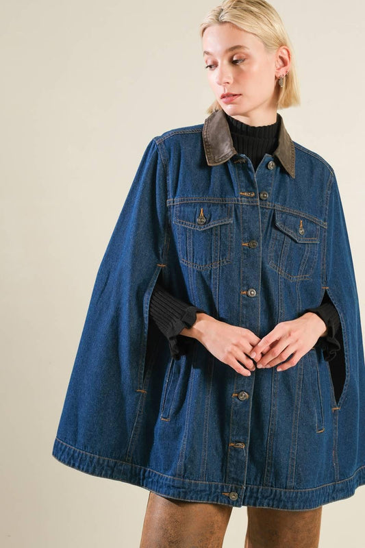 If Thou Must Love Me Denim Cape Jacket in blue, view 4 — Soul Flow Apparel
