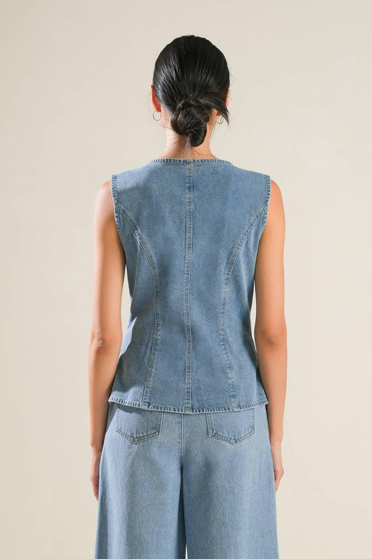 Adventure Awaits Denim Vest in blue, view 2 — Soul Flow Apparel