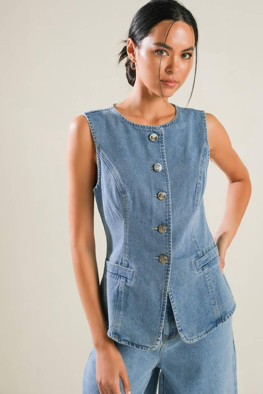 Adventure Awaits Denim Vest in blue, view 4 — Soul Flow Apparel