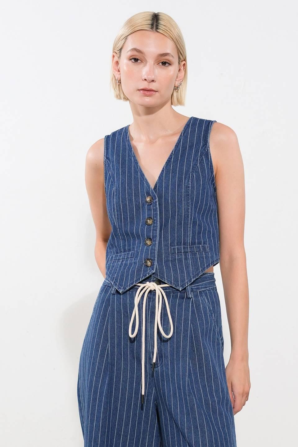I Still Believe Denim Vest in medium indigo, view 1 — Soul Flow Apparel
