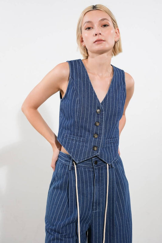 I Still Believe Denim Vest in medium indigo, view 4 — Soul Flow Apparel