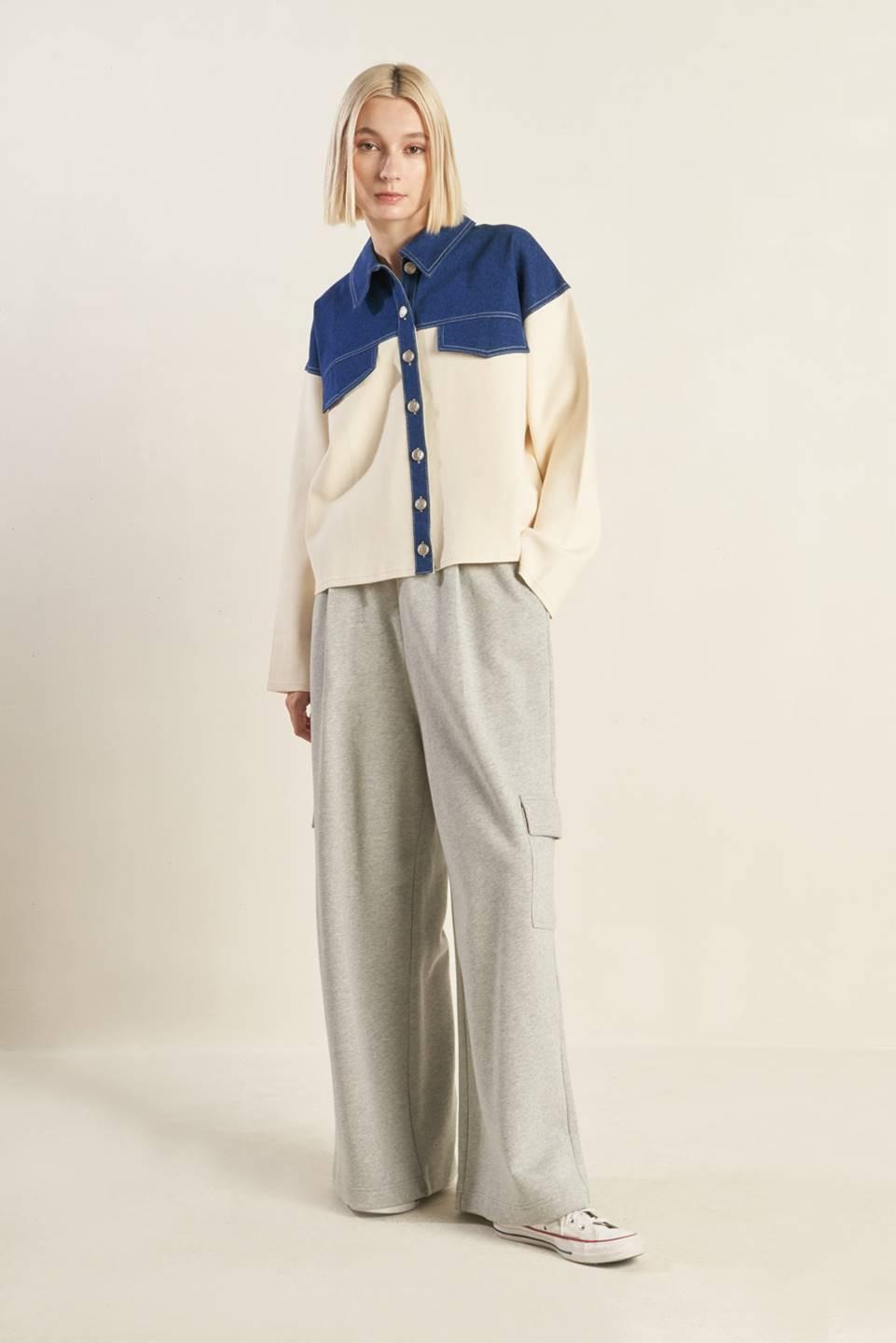 Sweet Harmony Denim Combination Jacket in cream, view 1 — Soul Flow Apparel