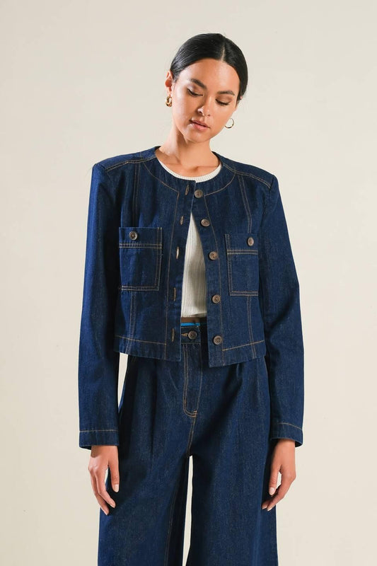 Crisp Canvas Denim Jacket in indigo, view 1 — Soul Flow Apparel