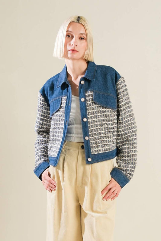 Better Days Tweed Denim Jacket in multi, view 1 — Soul Flow Apparel