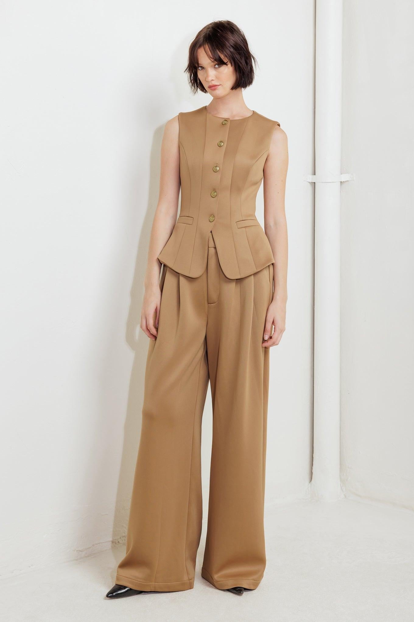 Romantic Petal Woven Vest in camel, view 1 — Soul Flow Apparel