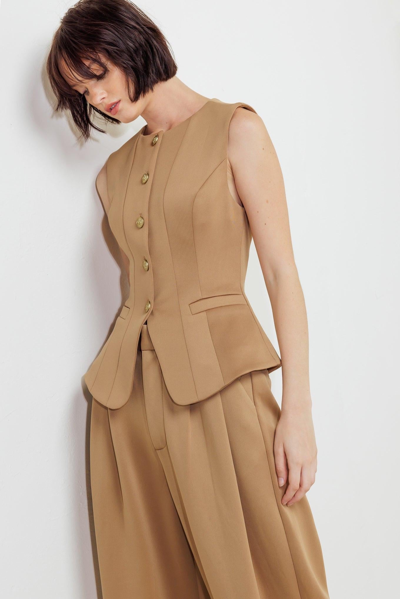 Romantic Petal Woven Vest in camel, view 2 — Soul Flow Apparel