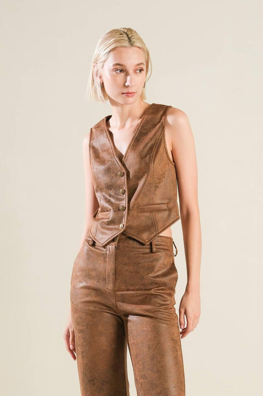 A Gift From Love Leather Vest in brown, view 1 — Soul Flow Apparel