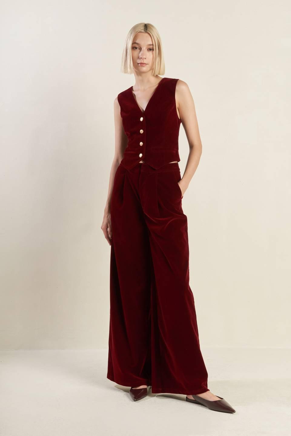 Coy Charm Velvet Vest in berry, view 1 — Soul Flow Apparel