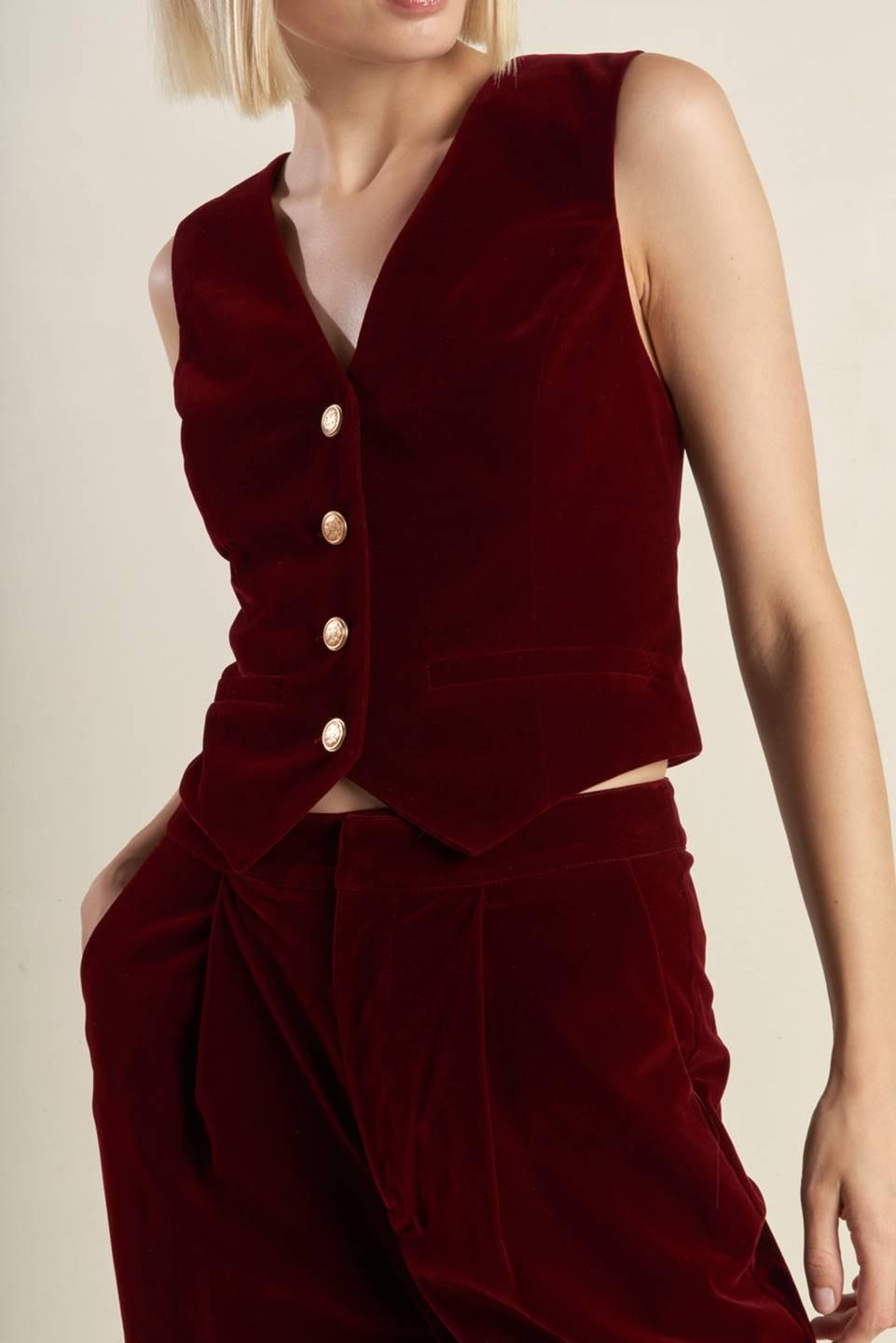 Coy Charm Velvet Vest in berry, view 4 — Soul Flow Apparel
