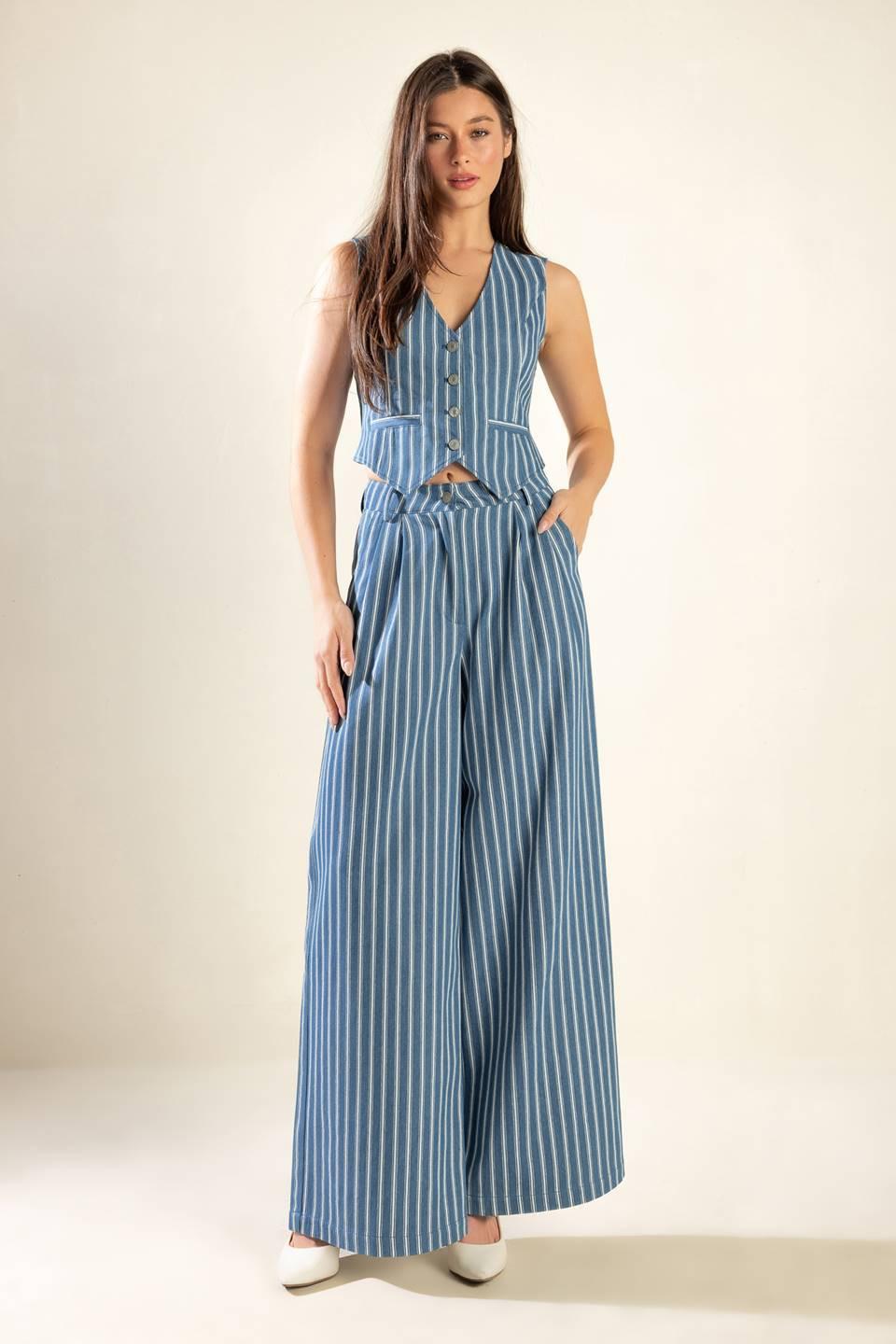 Frames of Bliss Woven Vest in stripe dindigo, view 2 — Soul Flow Apparel