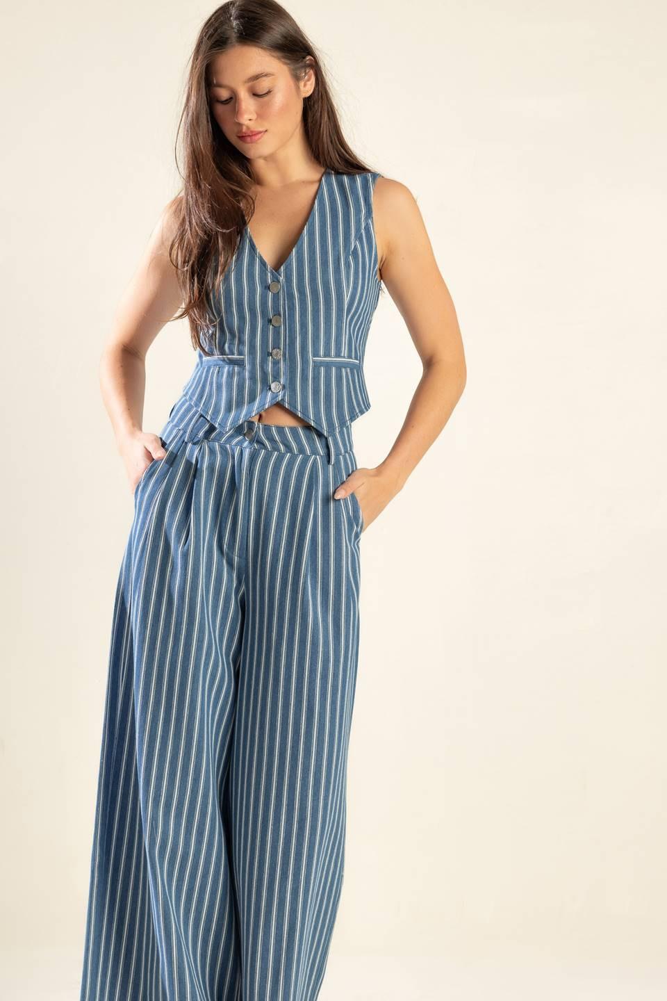 Frames of Bliss Woven Vest in stripe dindigo, view 3 — Soul Flow Apparel