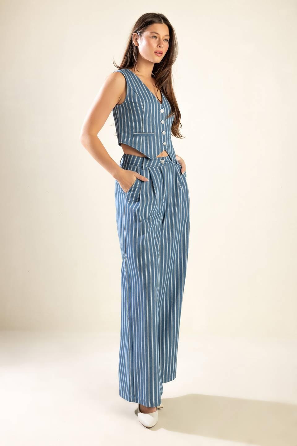 Frames of Bliss Woven Vest in stripe dindigo, view 4 — Soul Flow Apparel