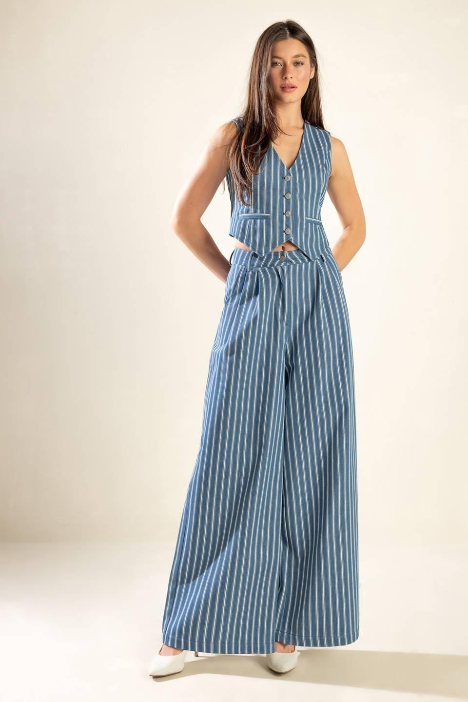 Frames of Bliss Woven Vest in stripe dindigo, view 6 — Soul Flow Apparel