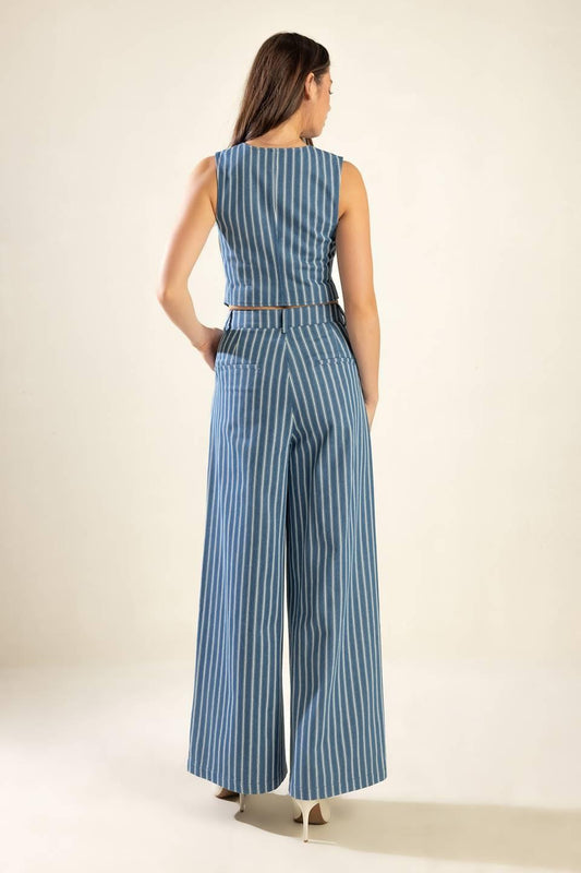 Frames of Bliss Woven Vest in stripe dindigo, view 9 — Soul Flow Apparel
