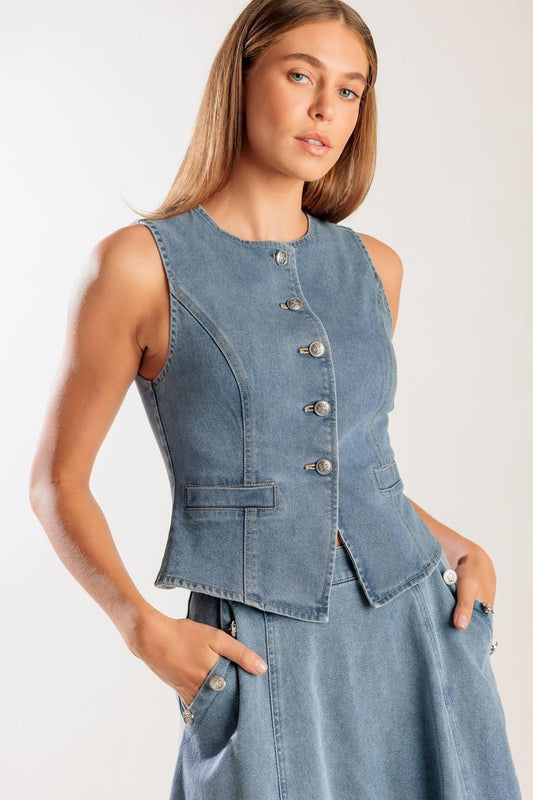 At First Glance Denim Vest in blue, view 1 — Soul Flow Apparel