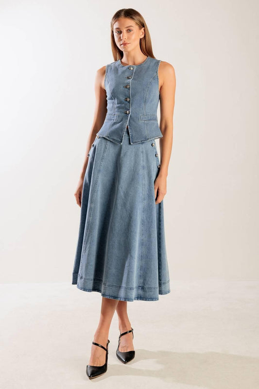 At First Glance Denim Vest in blue, view 2 — Soul Flow Apparel