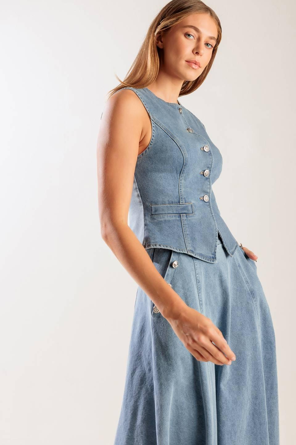 At First Glance Denim Vest in blue, view 3 — Soul Flow Apparel