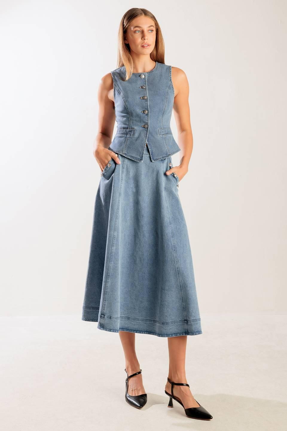 At First Glance Denim Vest in blue, view 4 — Soul Flow Apparel