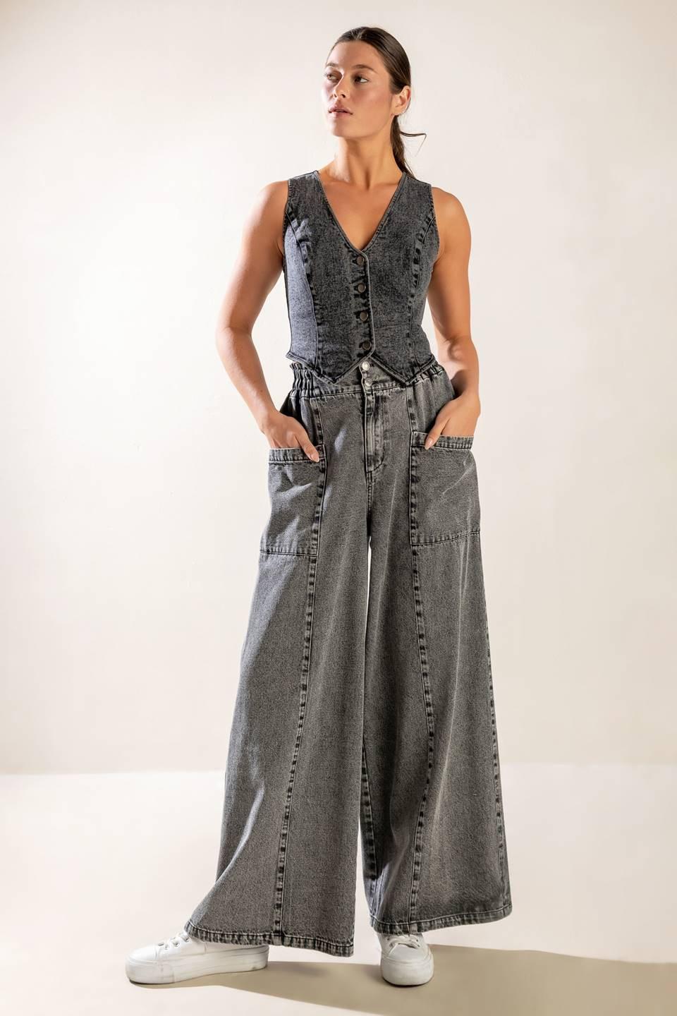 Exploring the City Denim Vest in black, view 1 — Soul Flow Apparel