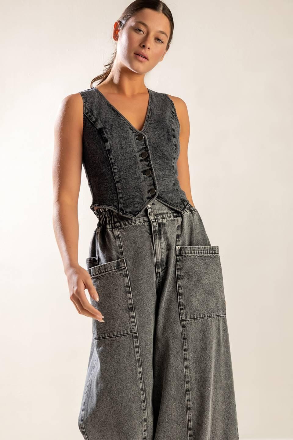 Exploring the City Denim Vest in black, view 2 — Soul Flow Apparel