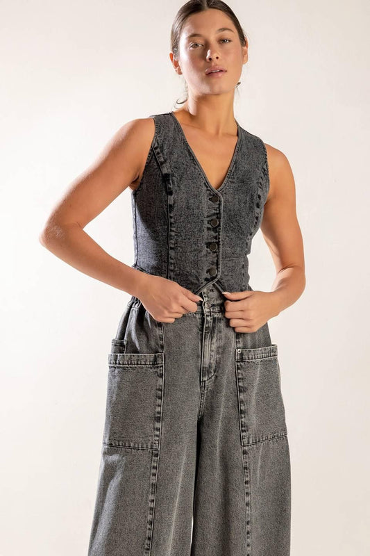 Exploring the City Denim Vest in black, view 5 — Soul Flow Apparel
