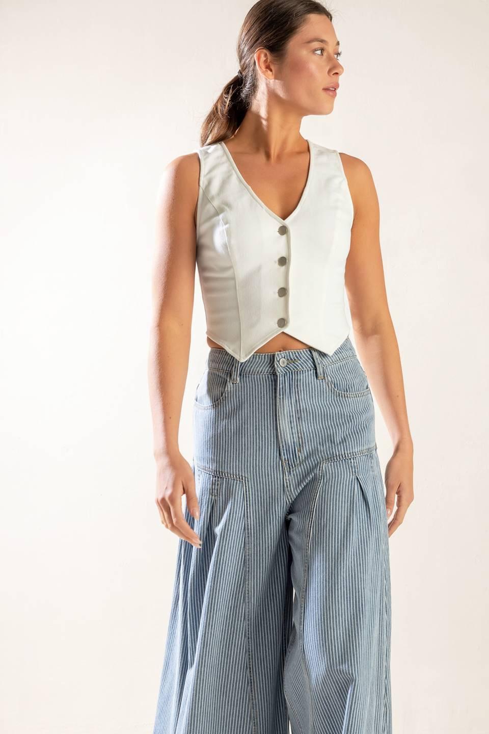 The Lily's Secret Denim Vest in white, view 1 — Soul Flow Apparel