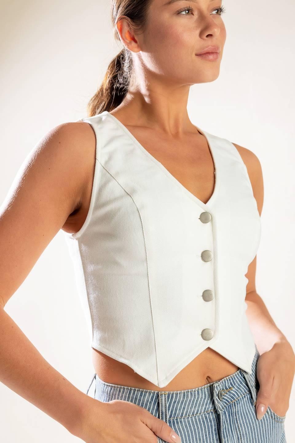 The Lily's Secret Denim Vest in white, view 4 — Soul Flow Apparel