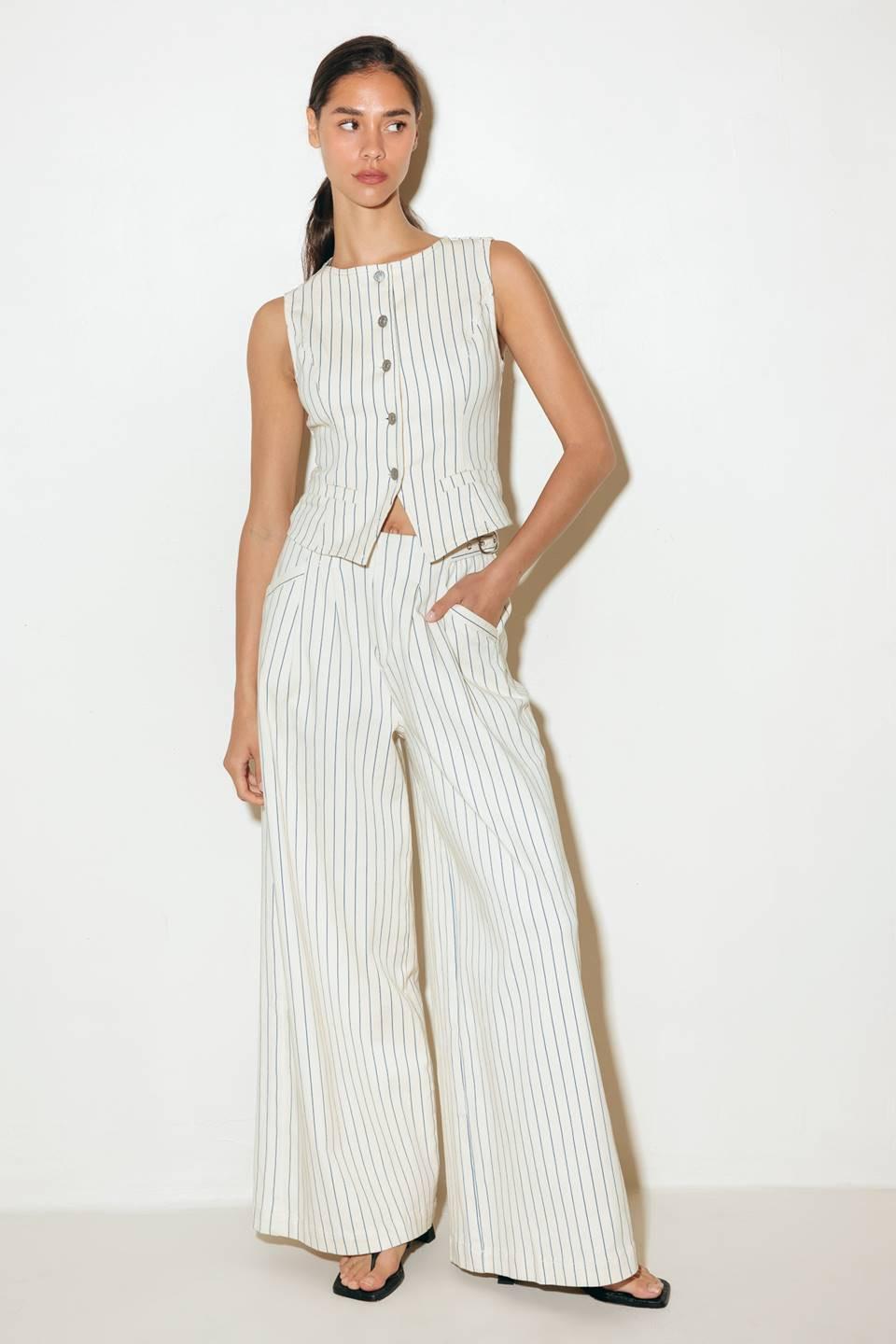 Coffee Run Striped Woven Vest in cream blue, view 1 — Soul Flow Apparel