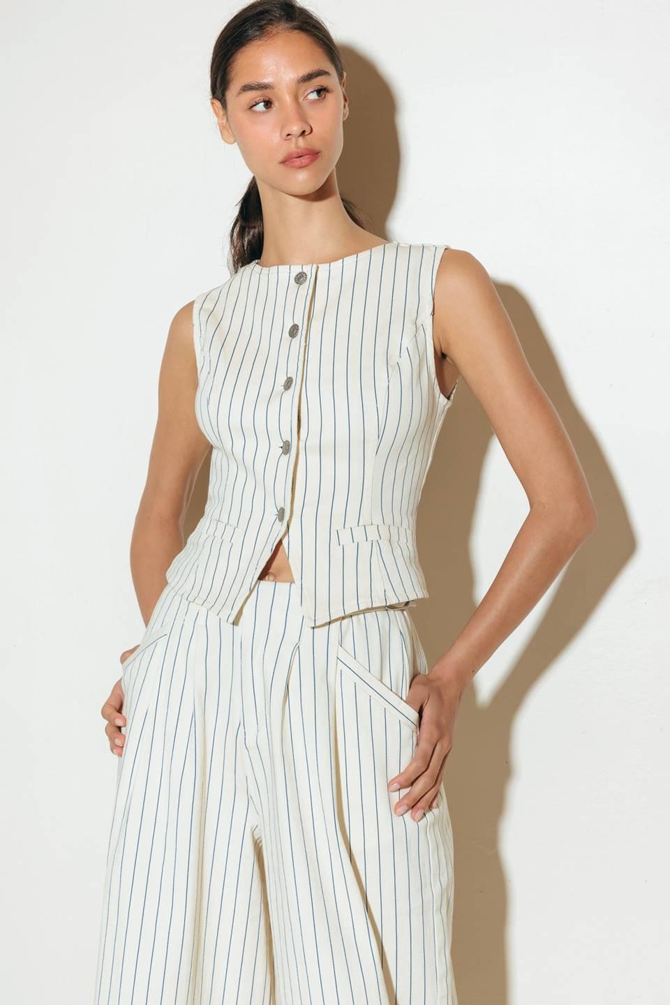 Coffee Run Striped Woven Vest in cream blue, view 2 — Soul Flow Apparel