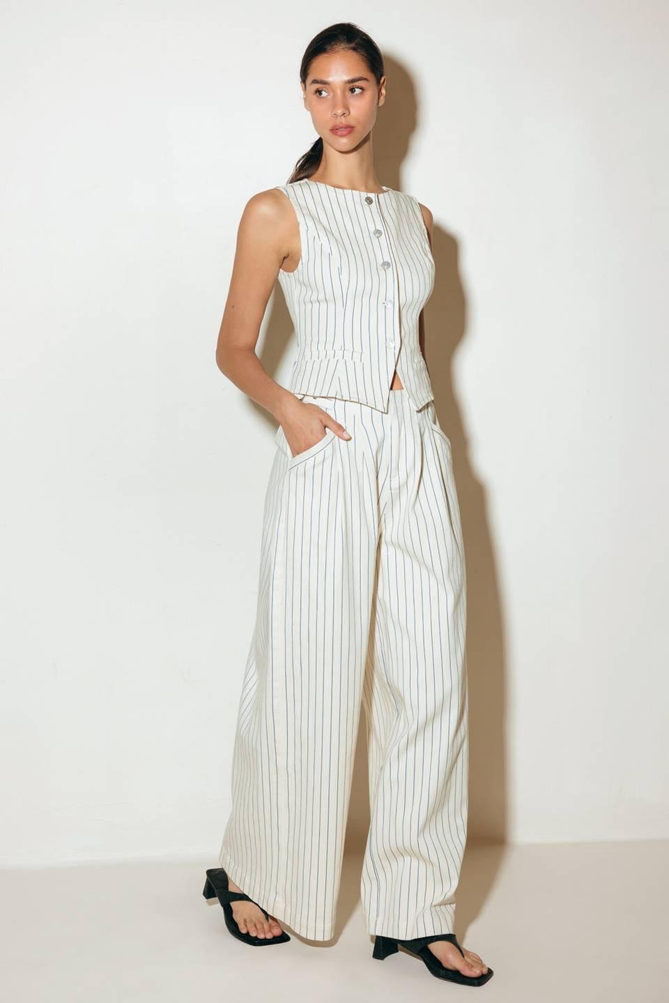 Coffee Run Striped Woven Vest in cream blue, view 3 — Soul Flow Apparel