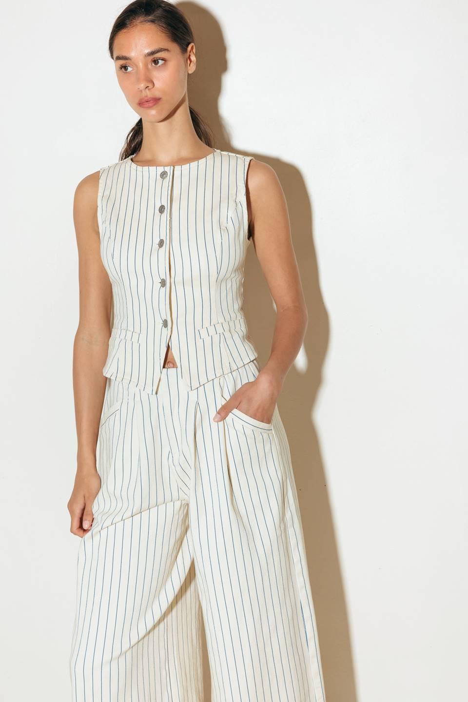 Coffee Run Striped Woven Vest in cream blue, view 4 — Soul Flow Apparel