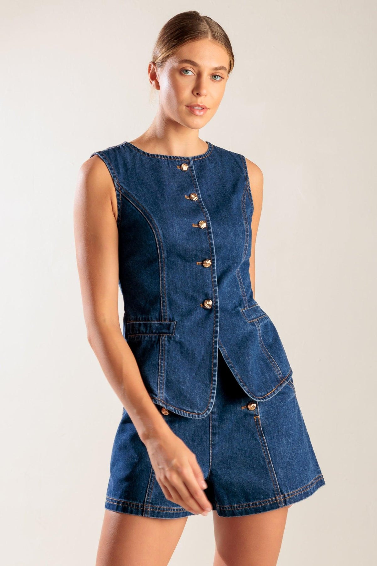 Drive-In Movie Denim Vest in indigo, view 3 — Soul Flow Apparel