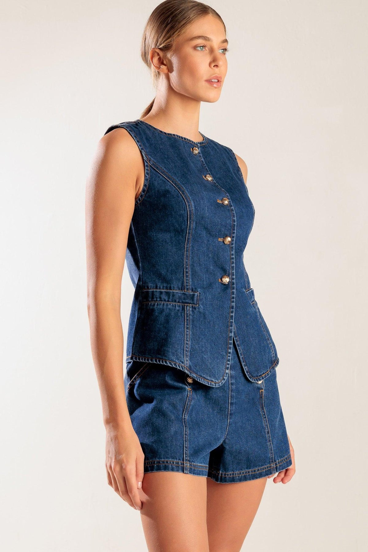 Drive-In Movie Denim Vest in indigo, view 6 — Soul Flow Apparel