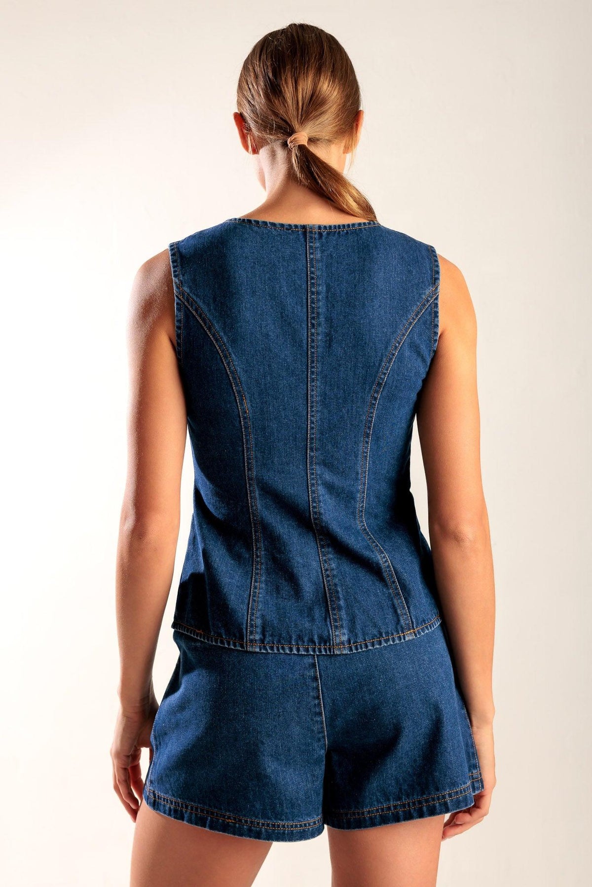 Drive-In Movie Denim Vest in indigo, view 7 — Soul Flow Apparel