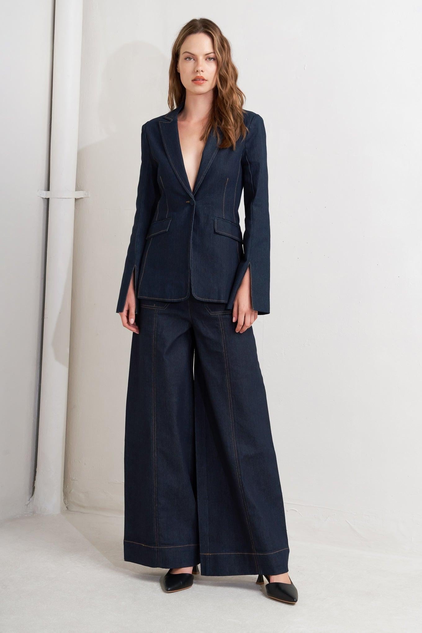 Urban Panel Denim Blazer in dark, view 1 — Soul Flow Apparel