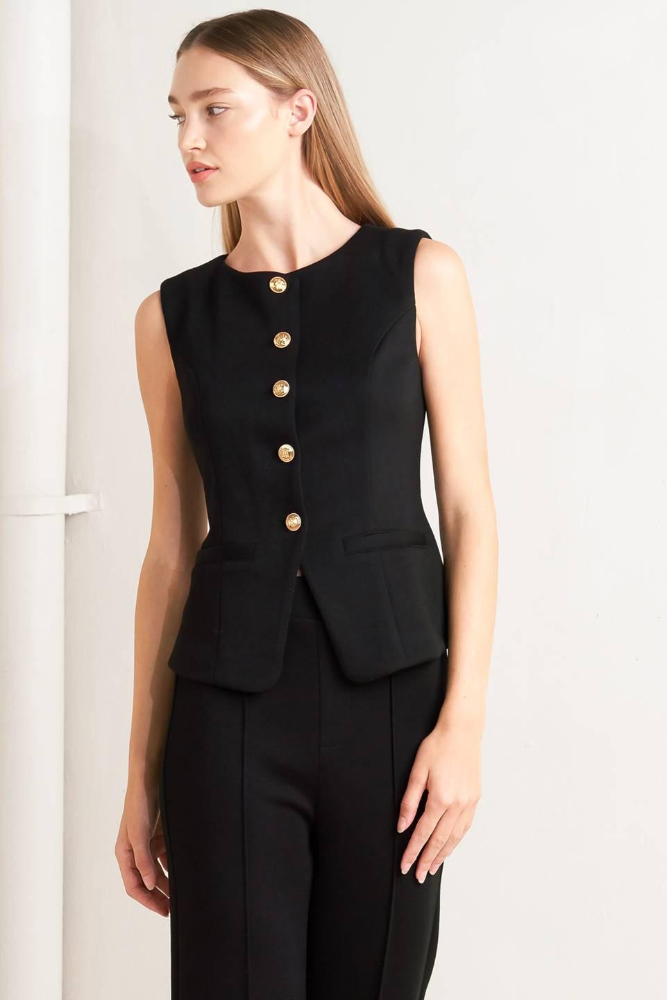 Glossy Glam Woven Vest in black, view 1 — Soul Flow Apparel