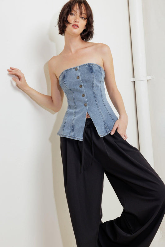 Stitched Silhouette Denim Top in indigo, view 6 — Soul Flow Apparel