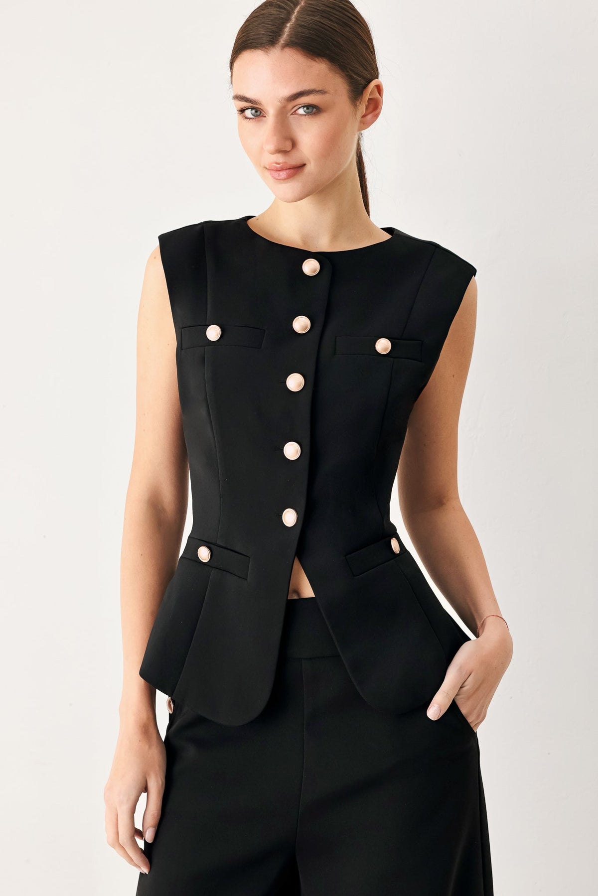 Modern Edge Woven Vest in black, view 1 — Soul Flow Apparel